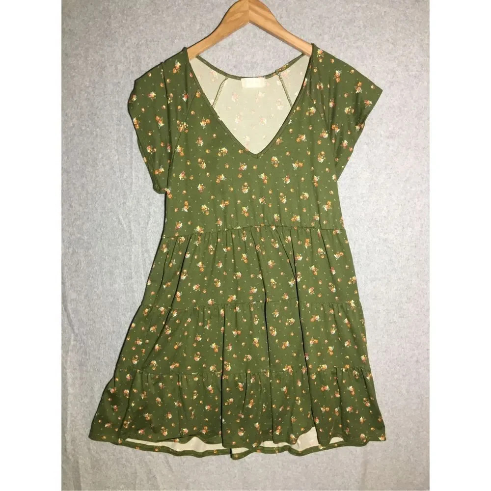 Womens Altar’d State Dress Green Floral Soft Spring Mini Tiered Ruffles V Neck